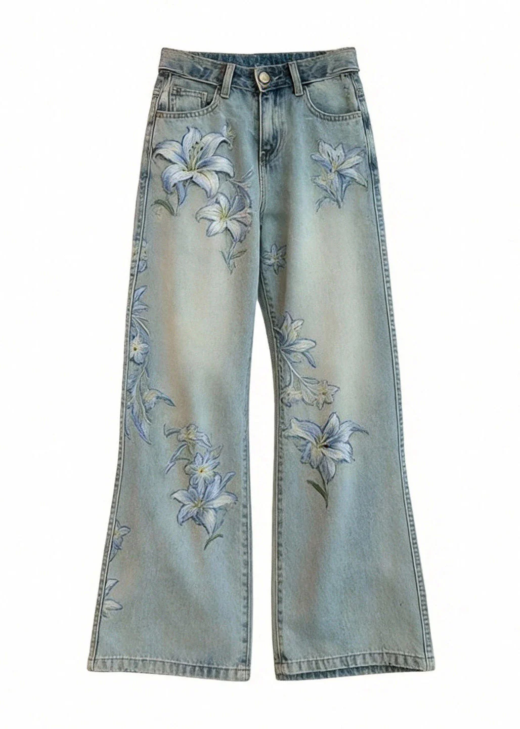 Bohemian Blue Embroidered Floral Denim Wide Leg Pants Spring - Image 5