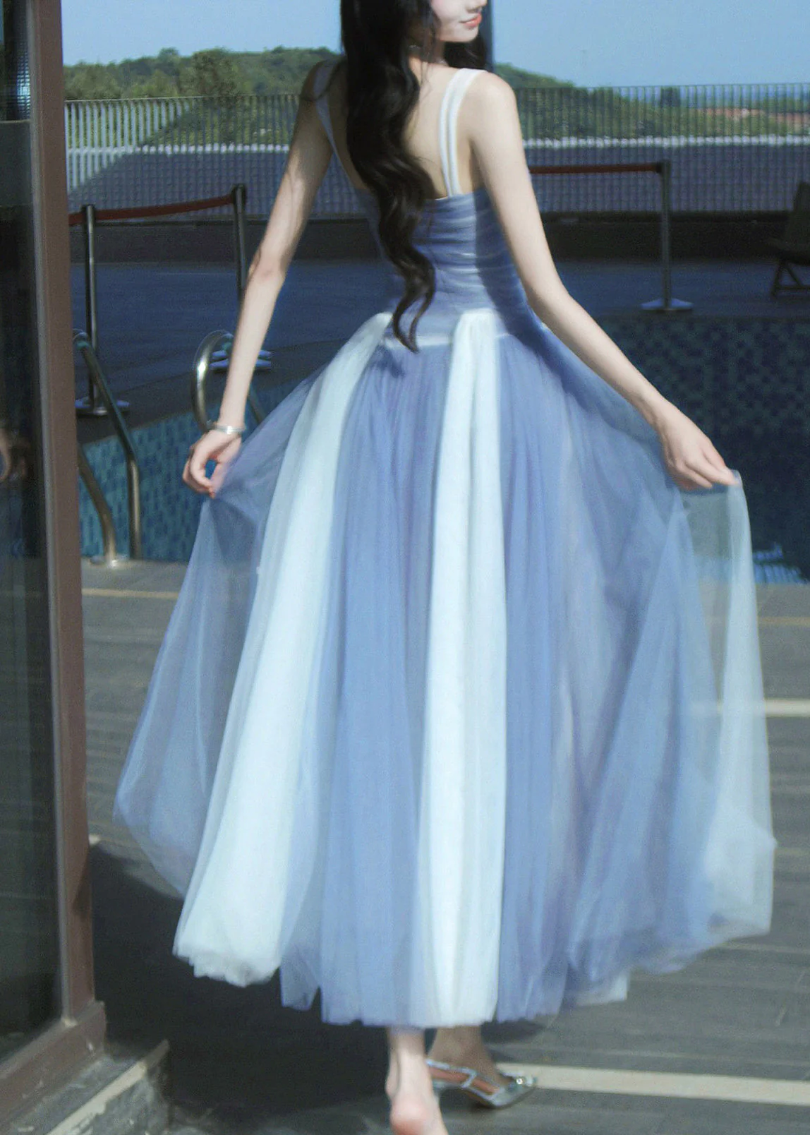 Bohemian Blue Exra Large Hem Patchwork Tulle Holiday Dress Summer - Image 5
