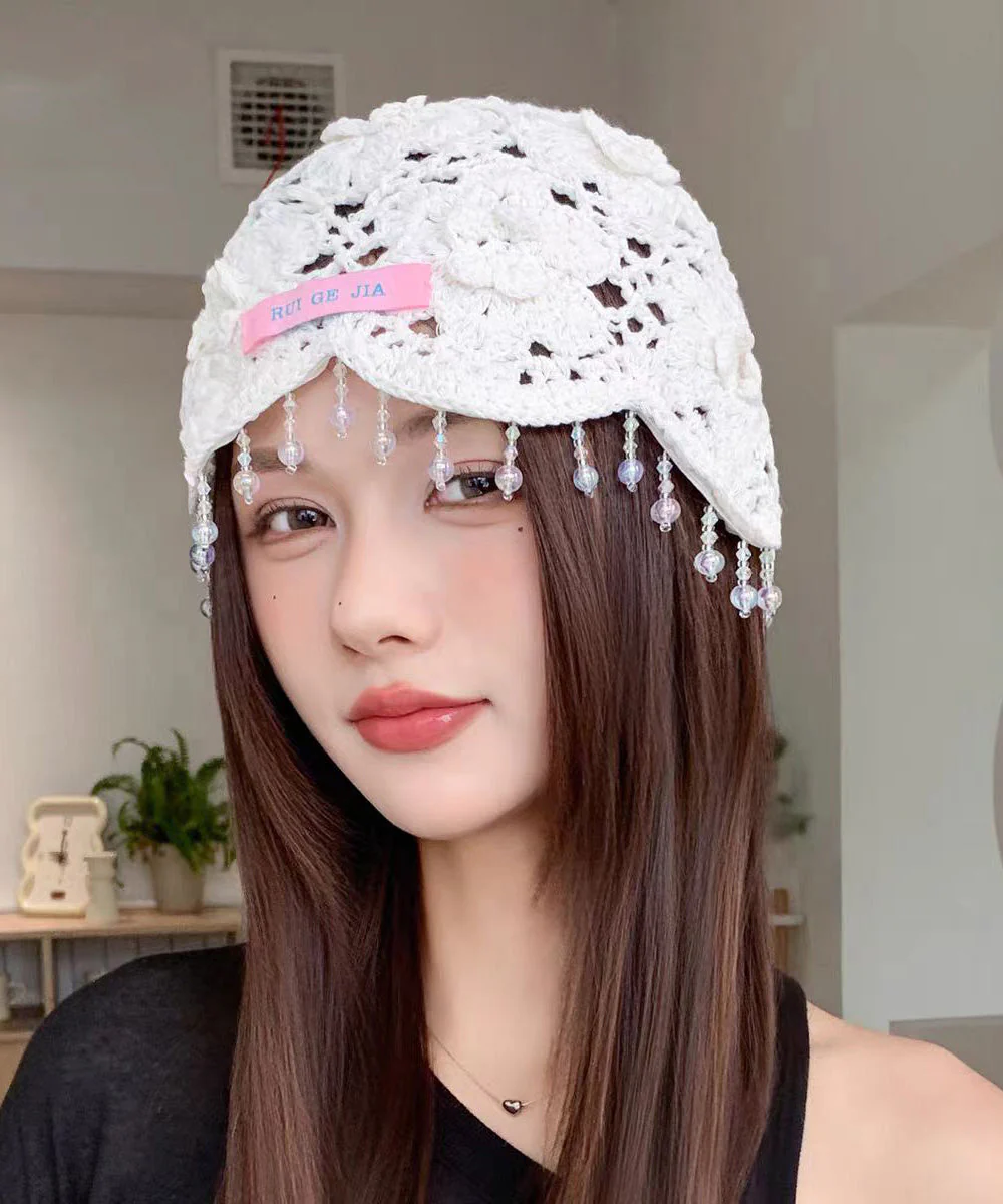 Bohemian Blue Floral Tassel Hollow Out Knit Boonie Hat - Image 2