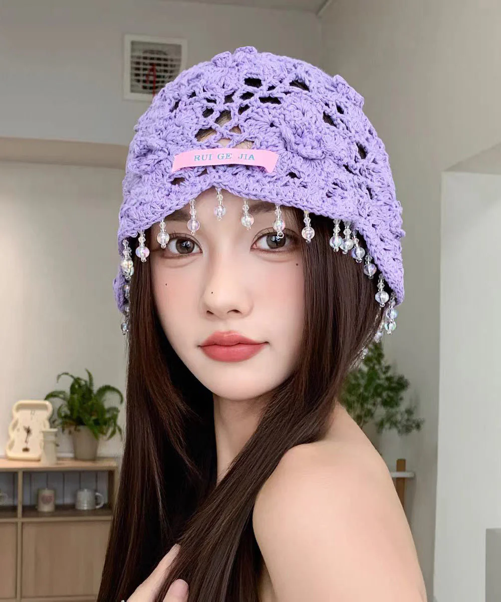 Bohemian Blue Floral Tassel Hollow Out Knit Boonie Hat - Image 3