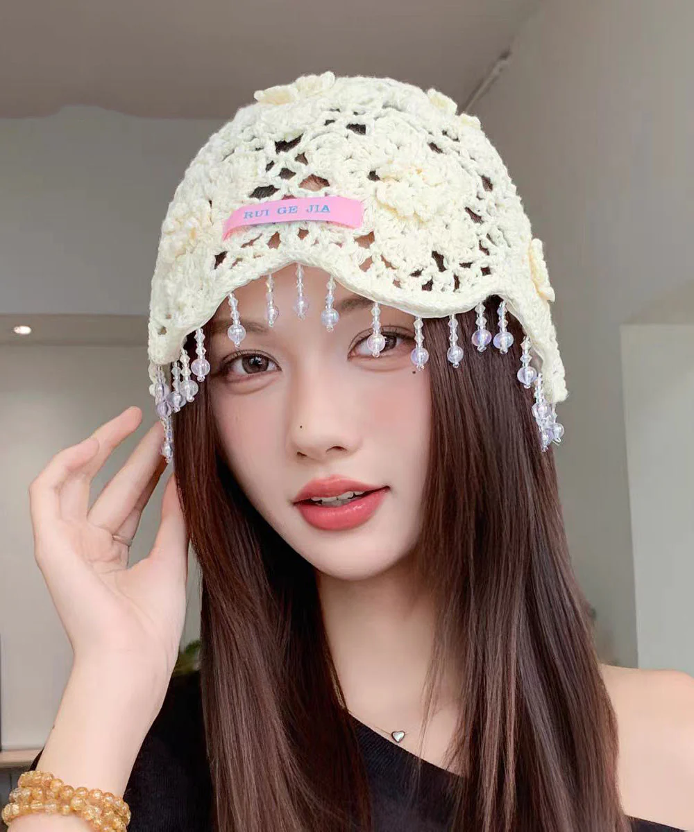 Bohemian Blue Floral Tassel Hollow Out Knit Boonie Hat - Image 4