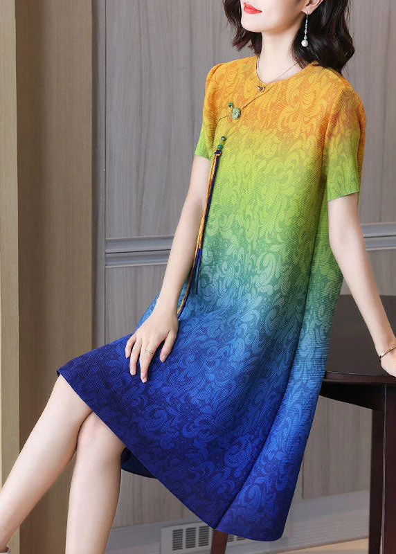 Bohemian Blue Gradient Color O-Neck Tassel Wrinkled Silk Dresses Short Sleeve - Image 4