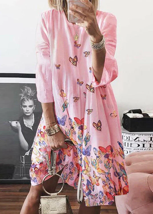 Bohemian Blue O Neck Butterfly Print Cotton Mid Dress Summer - Image 2