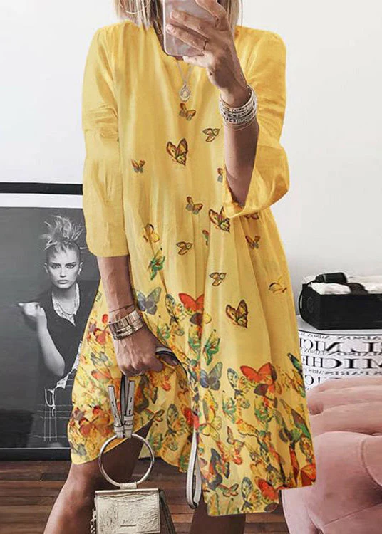 Bohemian Blue O Neck Butterfly Print Cotton Mid Dress Summer - Image 3