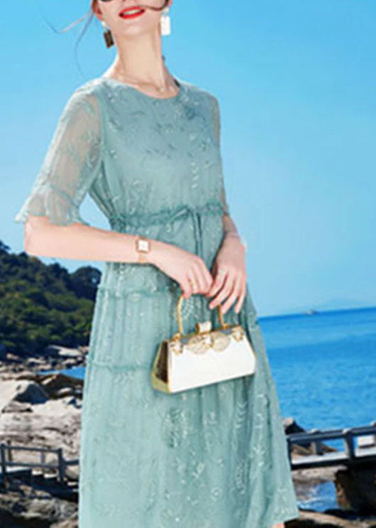 Bohemian Blue O-Neck Embroideried Ruffled Tie Waist Silk Dress Summer - Image 2