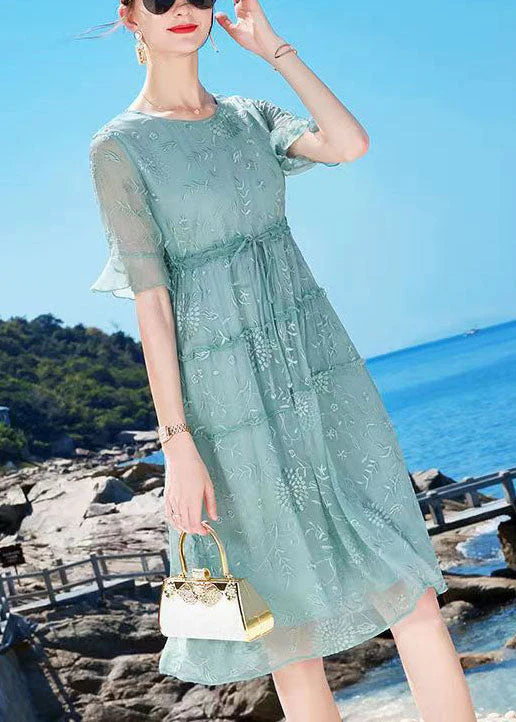Bohemian Blue O-Neck Embroideried Ruffled Tie Waist Silk Dress Summer - Image 3