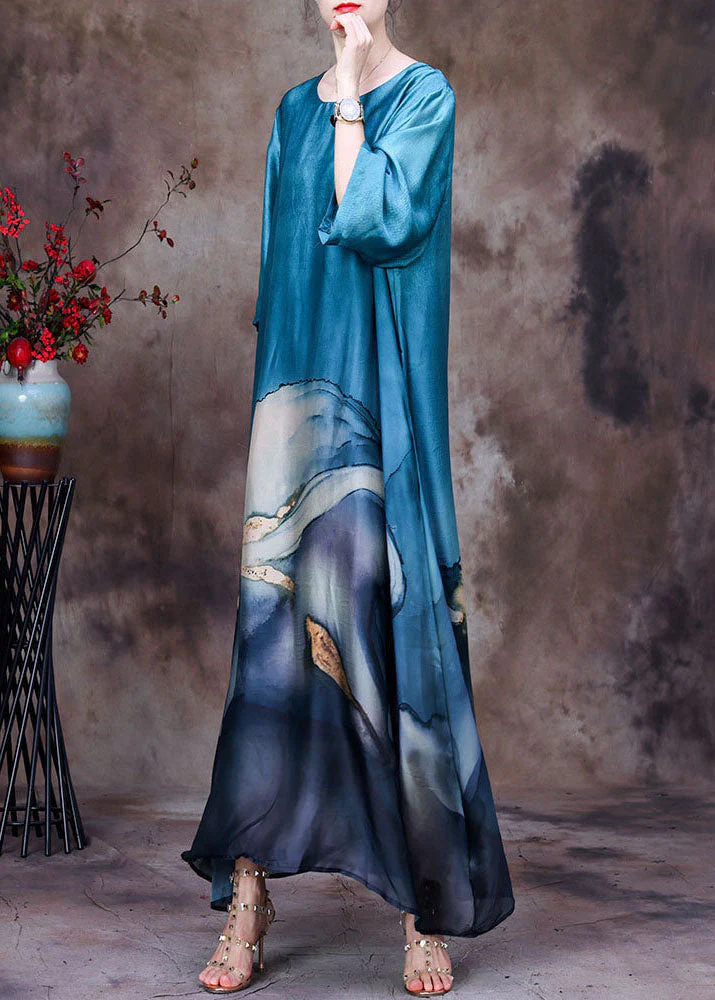 Bohemian Blue O-Neck Layered Design Print Silk Dresses For Women Bracelet Sleeve - Image 2
