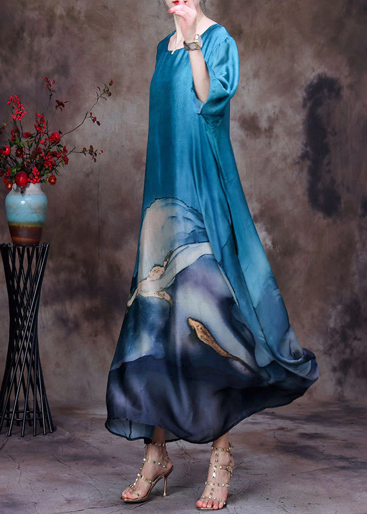 Bohemian Blue O-Neck Layered Design Print Silk Dresses For Women Bracelet Sleeve - Image 3