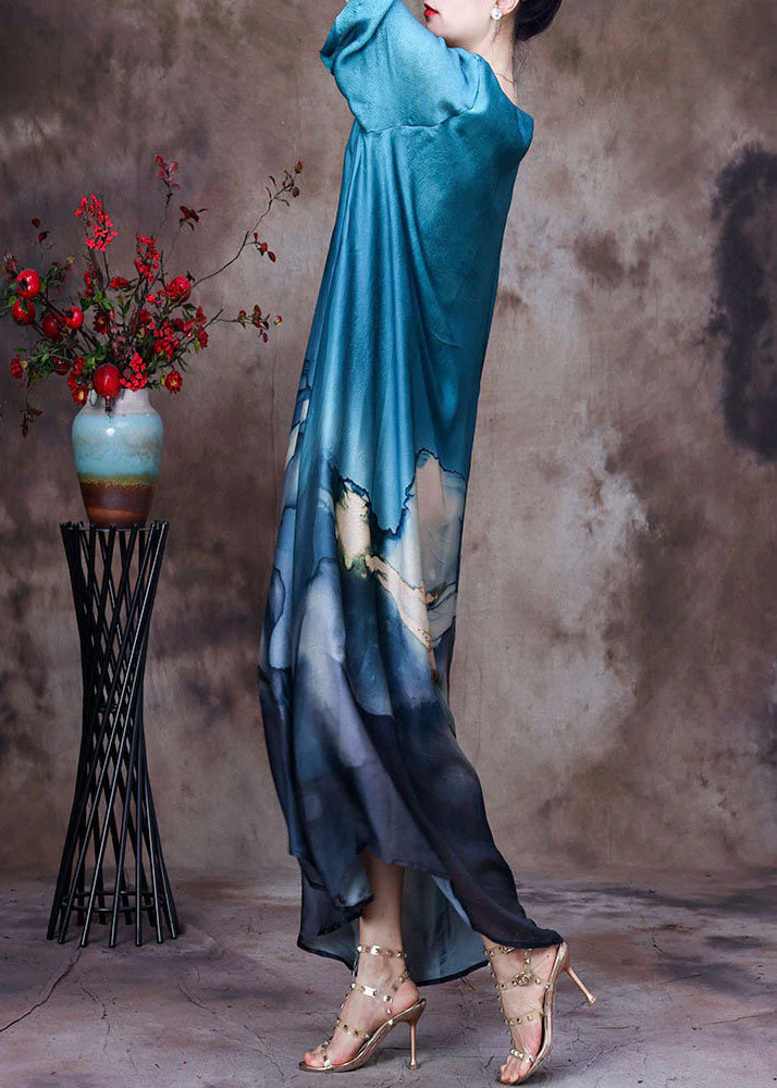 Bohemian Blue O-Neck Layered Design Print Silk Dresses For Women Bracelet Sleeve - Image 4