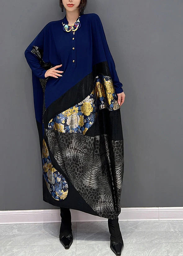 Bohemian Blue O-Neck Print Patchwork Button Long Dress Fall - Image 2