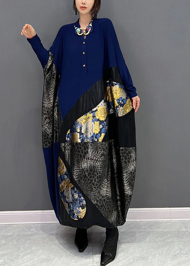 Bohemian Blue O-Neck Print Patchwork Button Long Dress Fall - Image 3