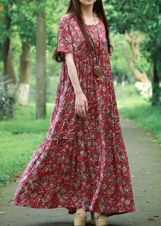 Bohemian Blue O Neck Print Patchwork Cotton Maxi Dress Summer - Image 2