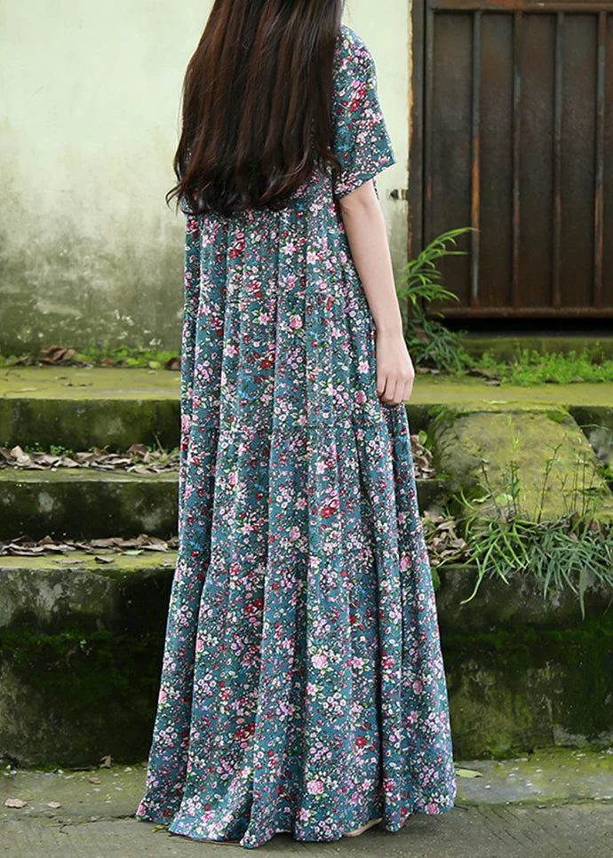 Bohemian Blue O Neck Print Patchwork Cotton Maxi Dress Summer - Image 5