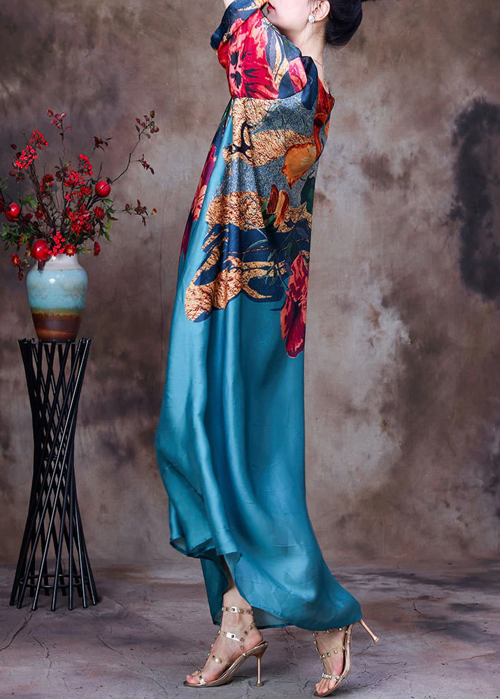 Bohemian Blue O-Neck Print Silk Party Dress Long Sleeve - Image 4