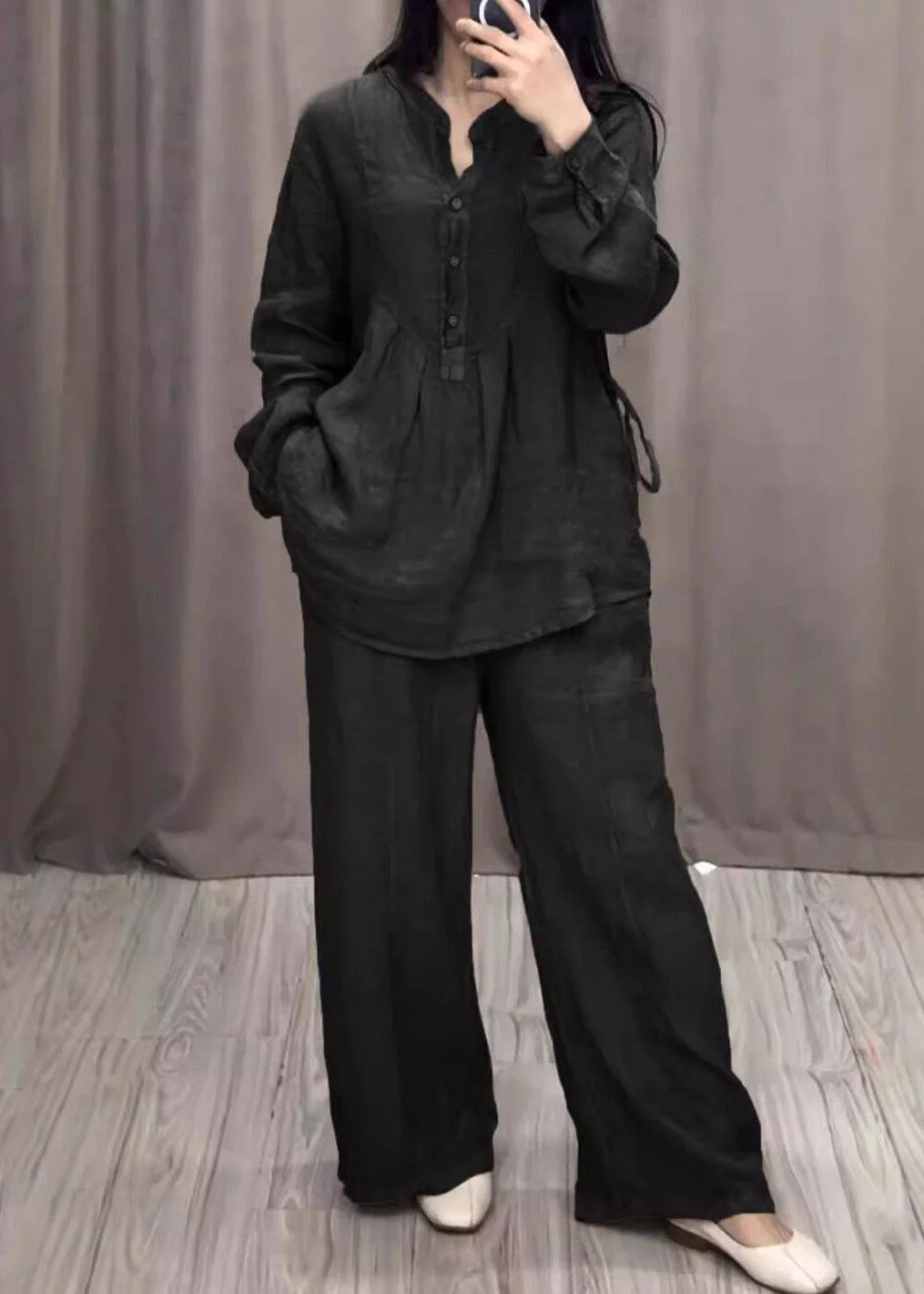 Bohemian Blue O-Neck Shirts And Wide Leg Pants Two Pieces Set Spring - Image 3