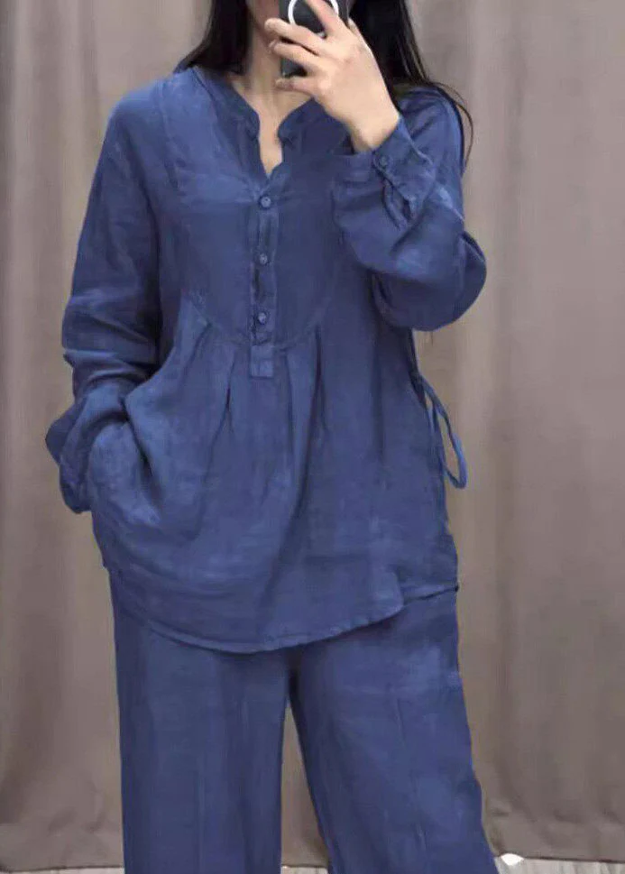 Bohemian Blue O-Neck Shirts And Wide Leg Pants Two Pieces Set Spring - Image 5