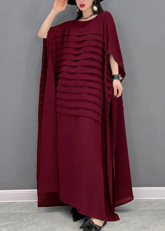 Bohemian Blue O-Neck Striped Chiffon Ankle Dress Batwing Sleeve - Image 3