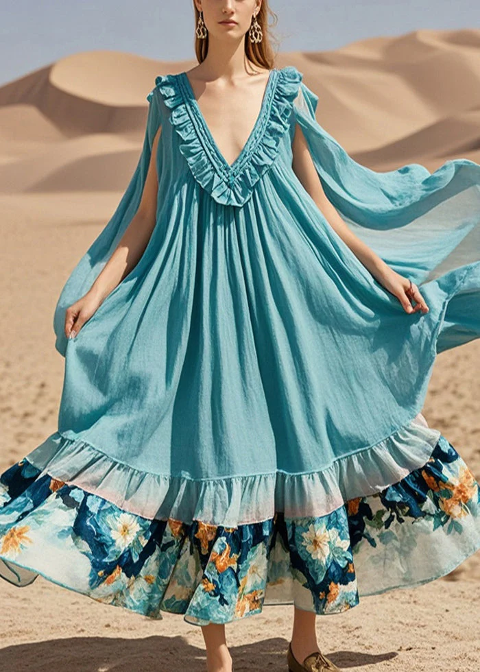 Bohemian Blue Oversized Patchwork Cotton Maxi Dress Summer - Image 3