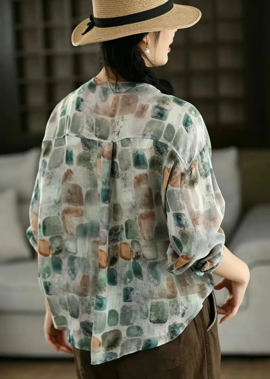 Bohemian Blue Oversized Print Linen Shirts Spring - Image 3