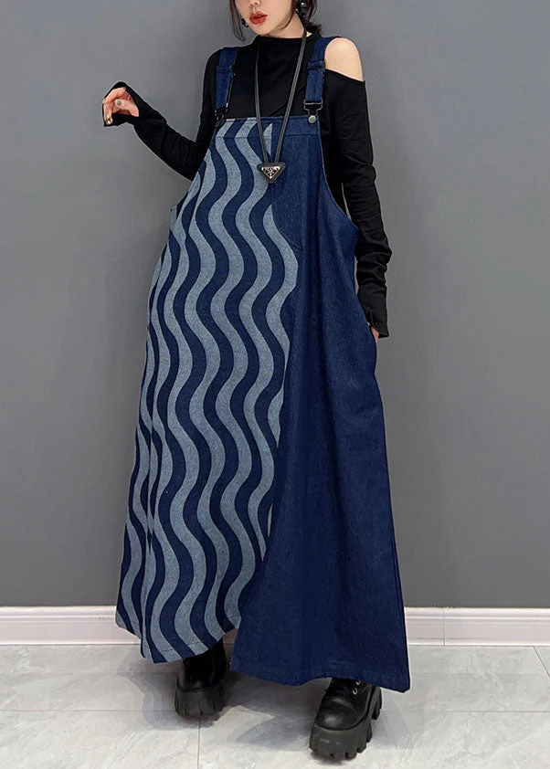 Bohemian Blue Patchwork Cotton Denim Strap Dresses Spring - Image 2