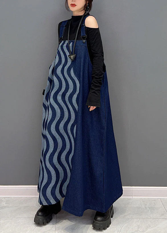 Bohemian Blue Patchwork Cotton Denim Strap Dresses Spring - Image 3