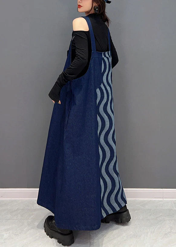 Bohemian Blue Patchwork Cotton Denim Strap Dresses Spring - Image 4