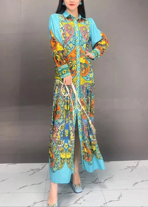 Bohemian Blue Peter Pan Collar Button Print Cotton Long Dress Fall - Image 3