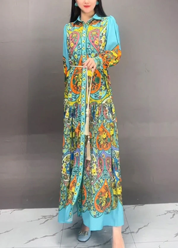 Bohemian Blue Peter Pan Collar Button Print Cotton Long Dress Fall - Image 4