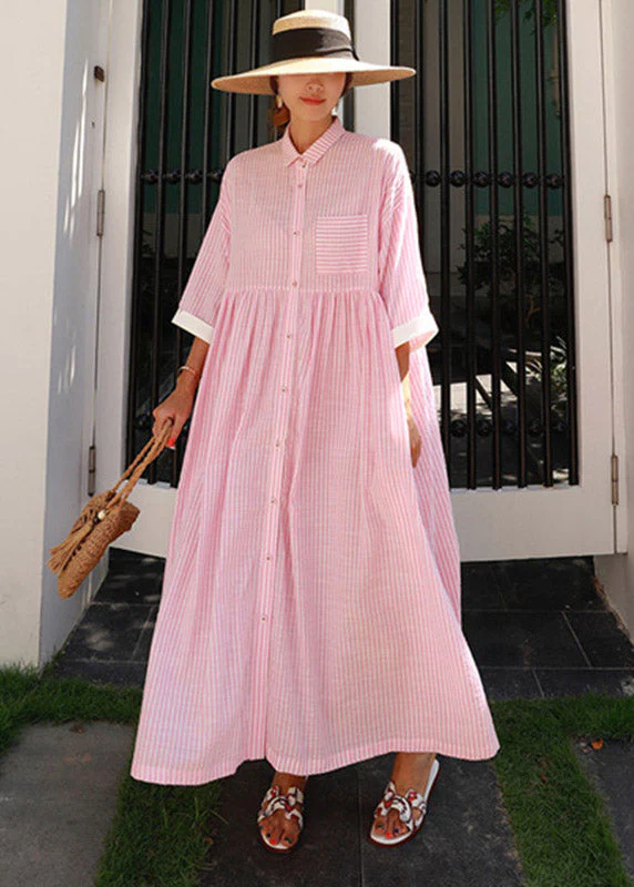 Bohemian Blue Peter Pan Collar Striped Button Pockets Wrinkled Long Dresses Half Sleeve - Image 4