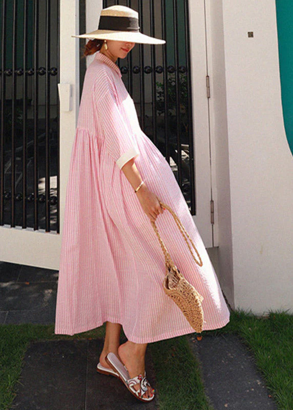 Bohemian Blue Peter Pan Collar Striped Button Pockets Wrinkled Long Dresses Half Sleeve - Image 8