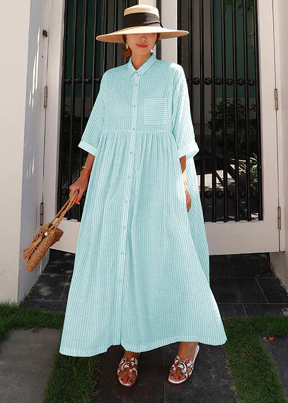 Bohemian Blue Peter Pan Collar Striped Button Pockets Wrinkled Long Dresses Half Sleeve - Image 9