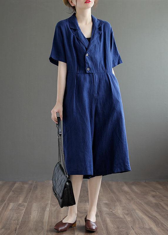 Bohemian Blue Pockets Button Vacation Summer Linen Dress - Image 3