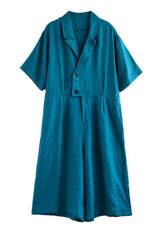 Bohemian Blue Pockets Button Vacation Summer Linen Dress - Image 5