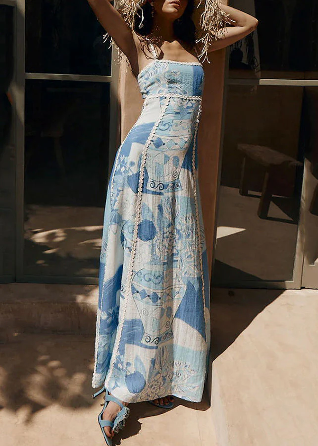 Bohemian Blue Print Patchwork Long Spaghetti Strap Dress Summer - Image 2