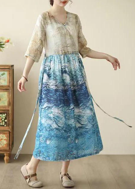 Bohemian Blue Print Patchwork Tunic Dresses Summer - Image 3