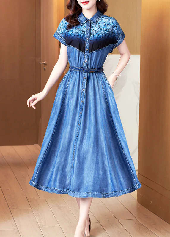 Bohemian Blue Print Pockets Patchwork Denim Dress Summer - Image 2