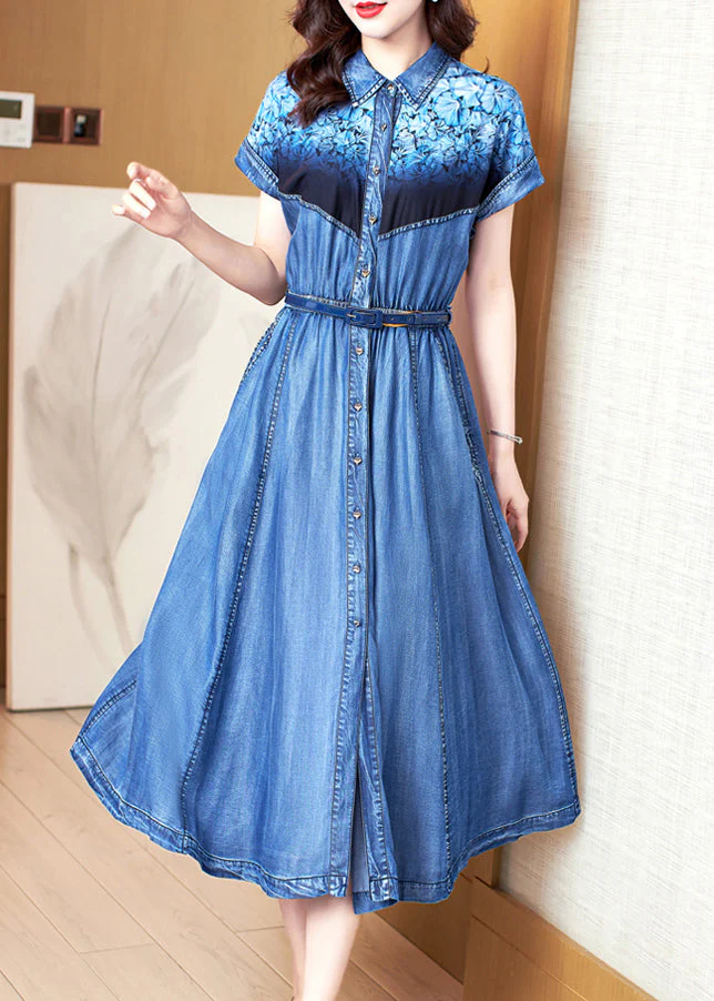 Bohemian Blue Print Pockets Patchwork Denim Dress Summer - Image 3