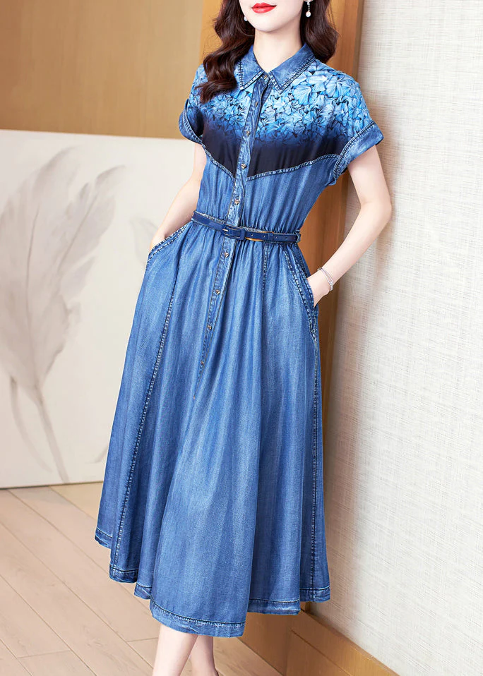 Bohemian Blue Print Pockets Patchwork Denim Dress Summer - Image 4
