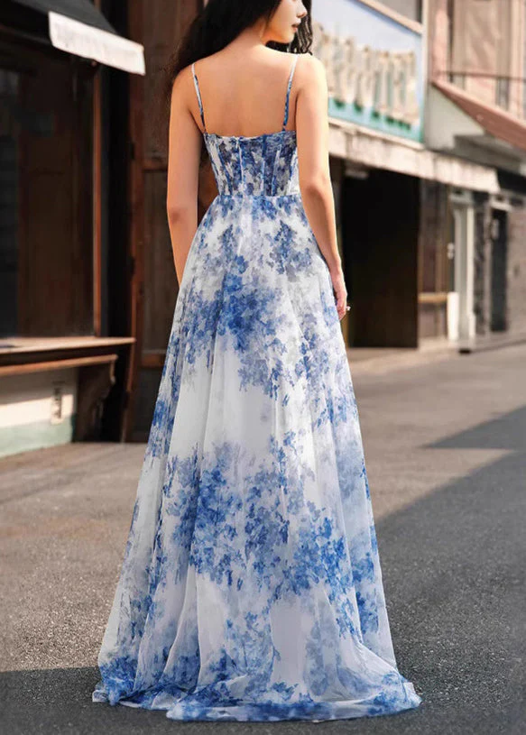 Bohemian Blue Print Side Open Chiffon Spaghetti Strap Dress Sleeveless - Image 3