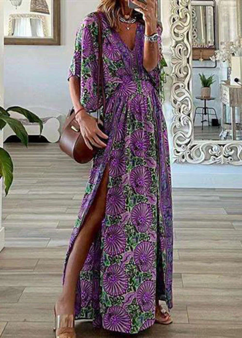 Bohemian Blue Print Side Open Cotton Beach Dress Summer - Image 5