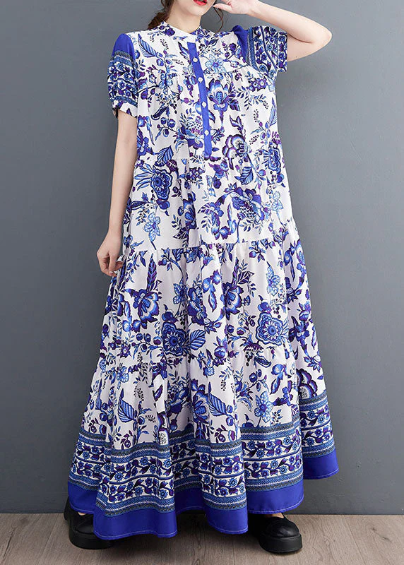 Bohemian Blue Print Stand Collar Chiffon Long Dress Lantern Sleeve - Image 2