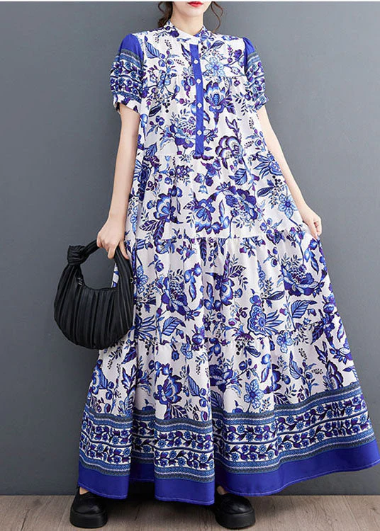 Bohemian Blue Print Stand Collar Chiffon Long Dress Lantern Sleeve - Image 3