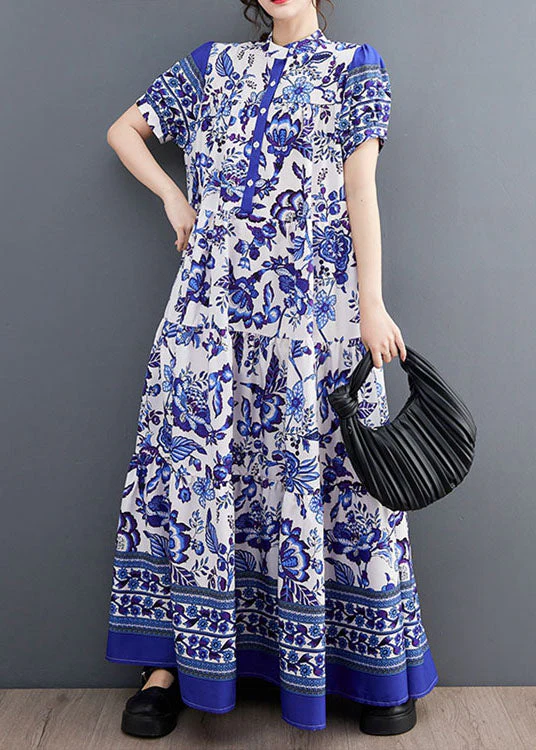 Bohemian Blue Print Stand Collar Chiffon Long Dress Lantern Sleeve - Image 4