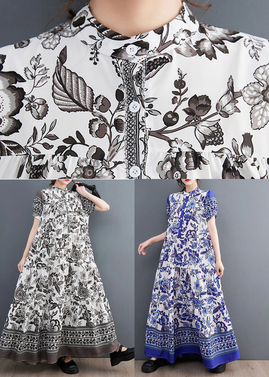 Bohemian Blue Print Stand Collar Chiffon Long Dress Lantern Sleeve - Image 5
