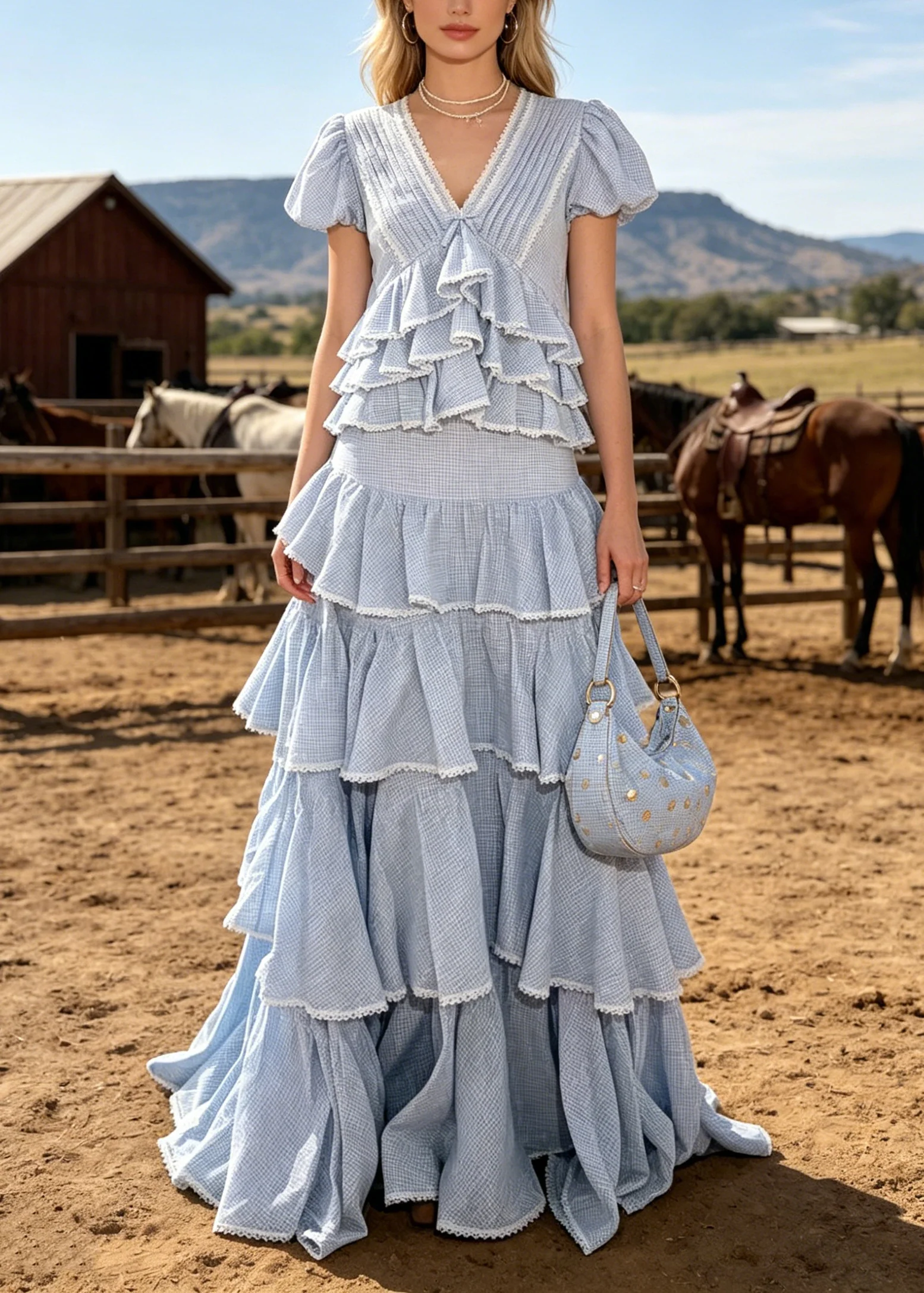 Bohemian Blue Ruffled Plaid Cotton Two Pieces Set Summer - Image 3