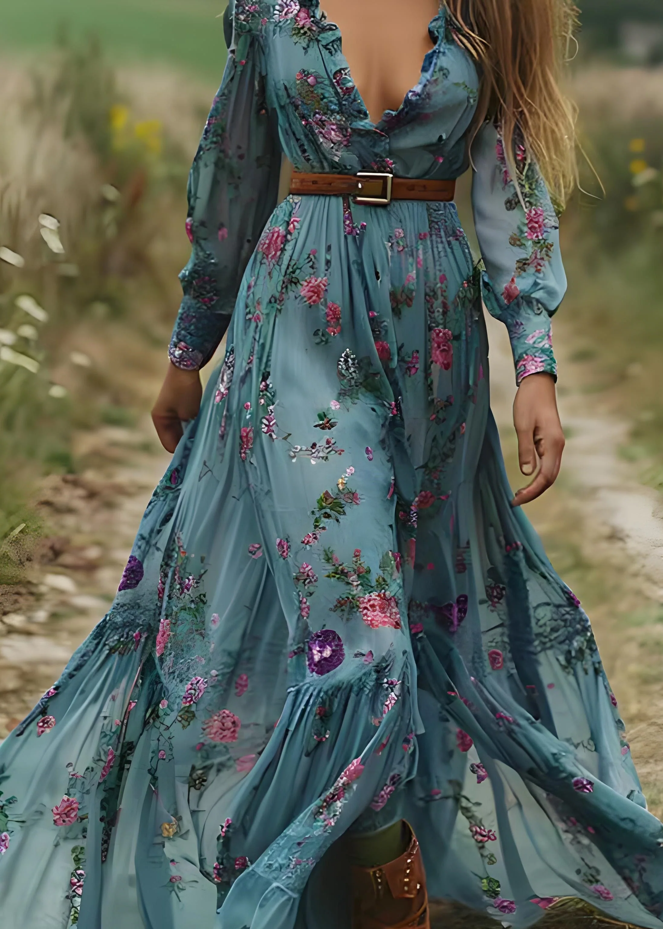 Bohemian Blue Ruffled Print Patchwork Chiffon Long Dress Spring - Image 4