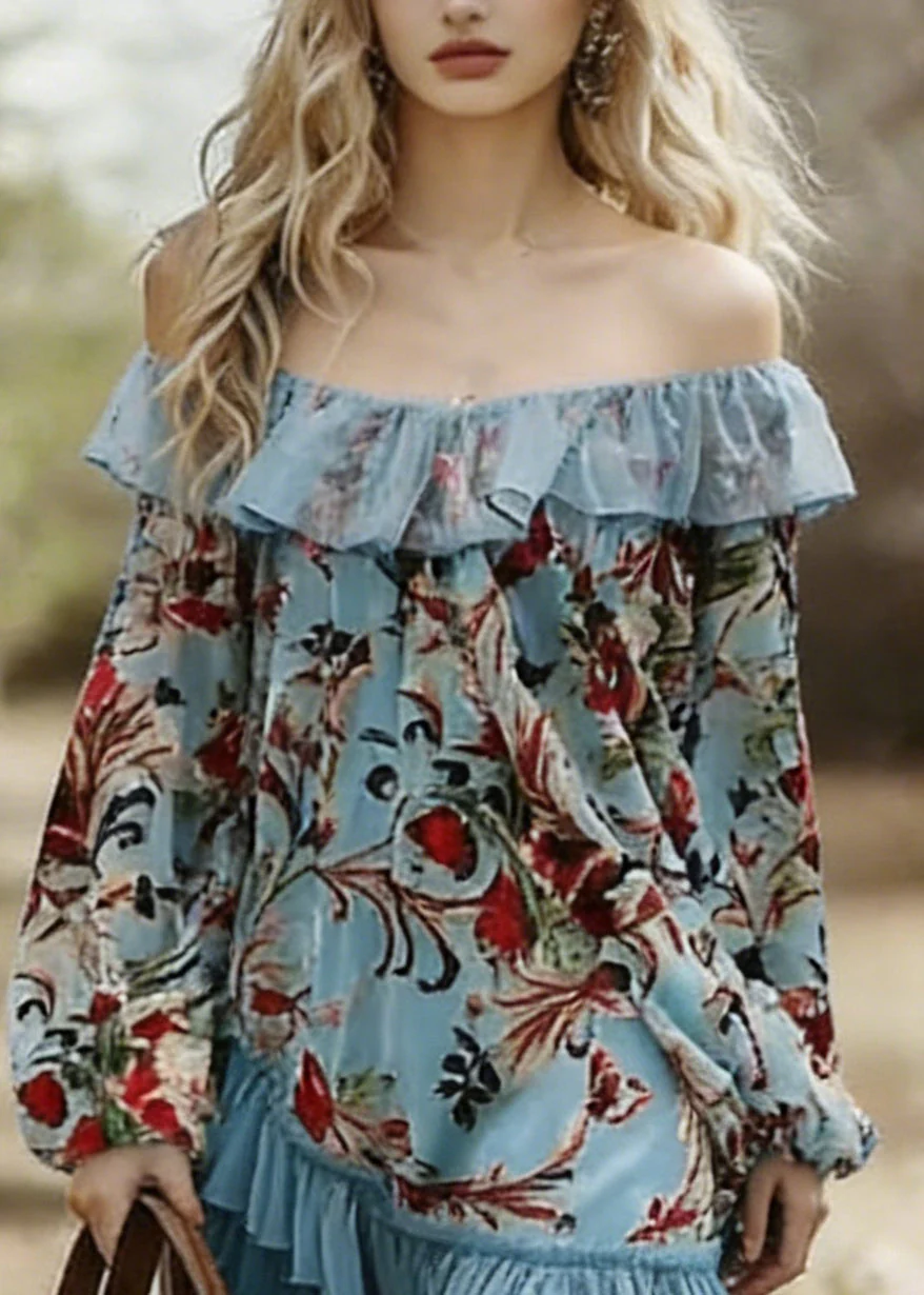 Bohemian Blue Slash Neck Print Wrinkled Patchwork Mid Dress Spring - Image 2