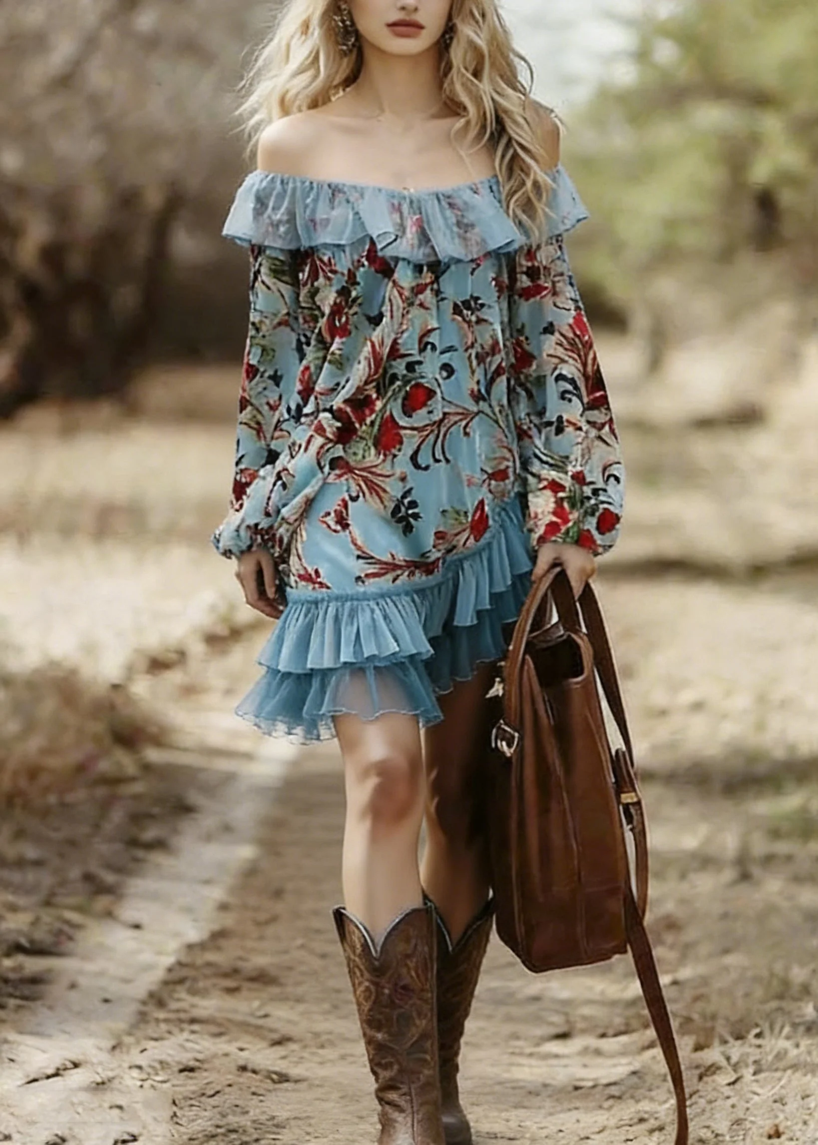Bohemian Blue Slash Neck Print Wrinkled Patchwork Mid Dress Spring - Image 3