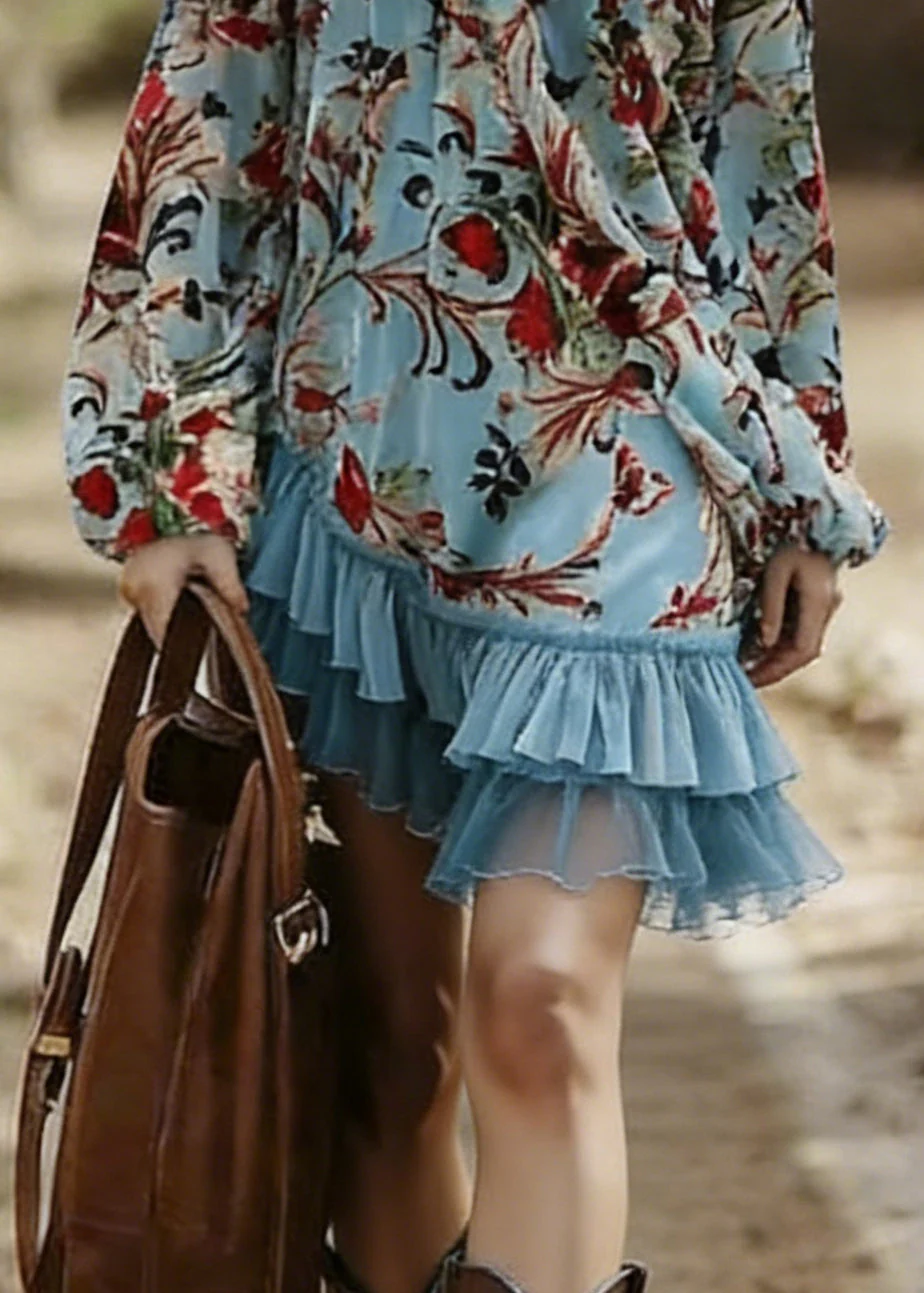 Bohemian Blue Slash Neck Print Wrinkled Patchwork Mid Dress Spring - Image 4