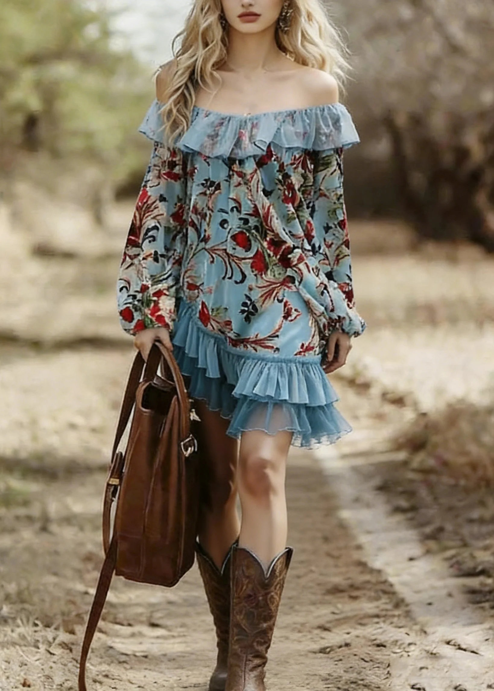 Bohemian Blue Slash Neck Print Wrinkled Patchwork Mid Dress Spring - Image 5